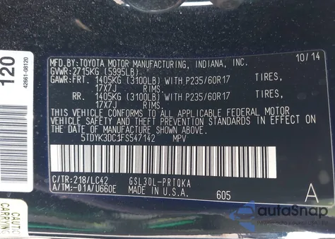 2015 Toyota Sienna Xle 8 Passenger from USA, damaged, VIN 5TDYK3DC1FS547142